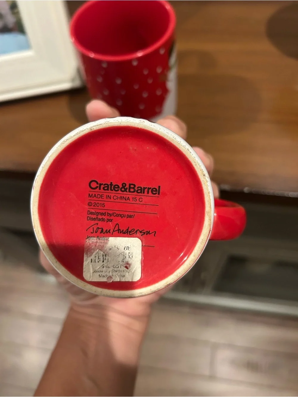 Crate&Barrel Red Ceramic Mugs with Green Tree Motif
